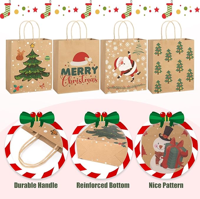 XPCARE 28 Pack Christmas Kraft Gift Bags with Handles, 9x7.5x3.5, Perfect for Holidays, Parties and Presents