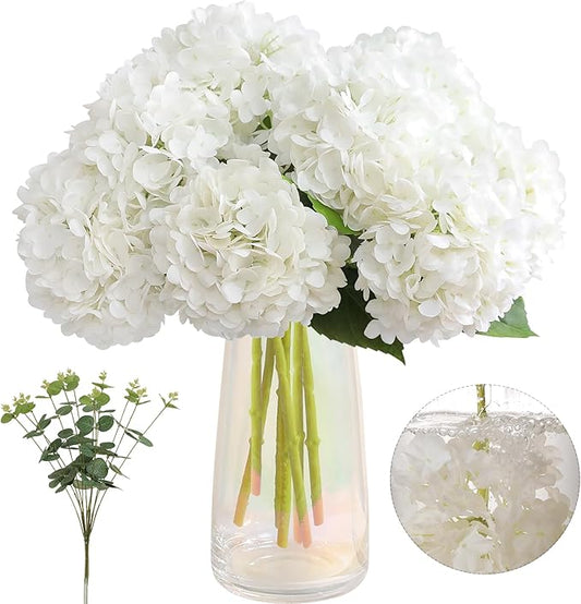 Tifuly 4pcs Fake Hydrangea with Vase -3D Real Touch Faux Hydrangea Flowers and 3pcs Eucalyptus Stems for Wedding Centerpiece Home Party Table Decoration（White）