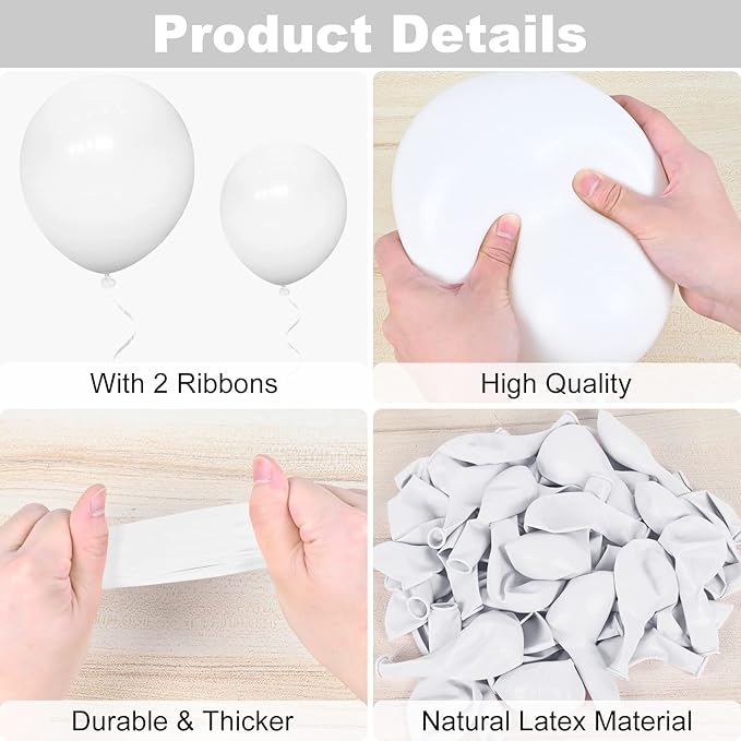 100Pcs White Balloons, White Balloon Garland Arch Kit 18/12/10/5 Inch Pastel White Latex Balloon Different Sizes Pack for Birthday Wedding Baby Shower Graduation White Theme Party Decoration