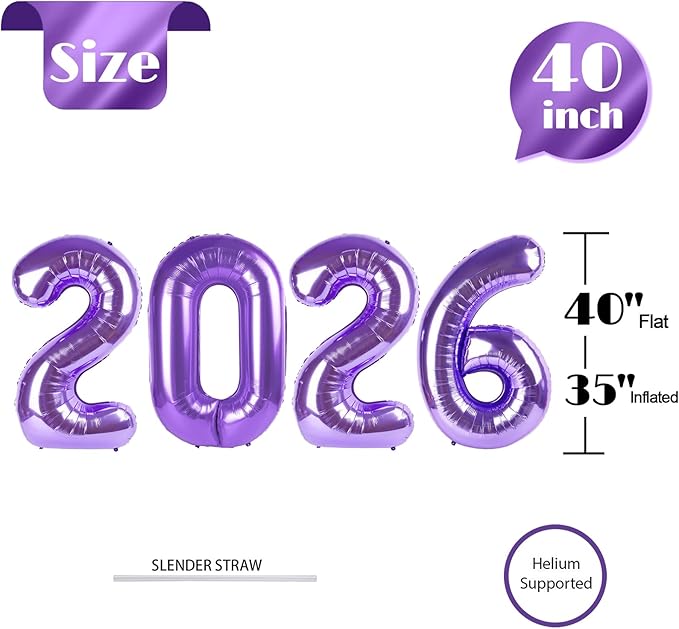 2026 Balloon Numbers - 40 Inch Purple New Years Eve Party Supplies 2026, Nye Decor Party Decorations Happy New Year, New Years Eve Foil Party Balloons