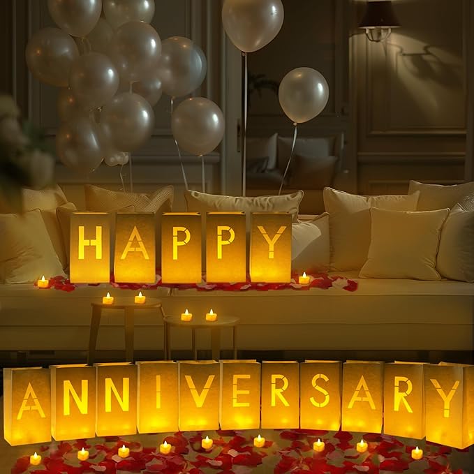 Homemory Happy Anniversary Decoration Light Up Letters with Flameless Candles and Fake Rose Petals, Valentine's Day Luminary Bags Happy Anniversary Sign Romantic Party Decor for Wedding