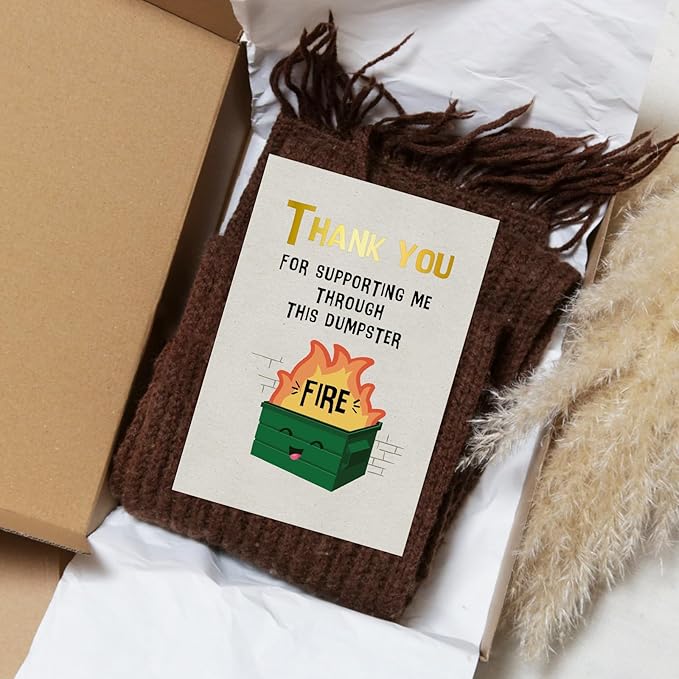 Coworker Leaving Card - Dumpster Fire Design Humorous Gratitude Funny Thank You Card for Friends, Farewell, or Just Because Gift (5.5x8 Inch, Gold Foil, Envelope Included)