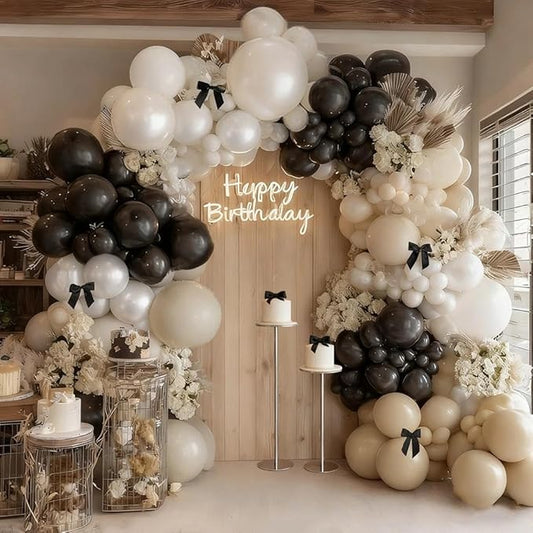 Black White Balloon Arch, Double Stuffed Pearl White Black Bow Balloon Garland Cream Ivory Sand Latex Balloons for Birthday Wedding Bridal Shower Engagement Halloween New Year Party Decorations