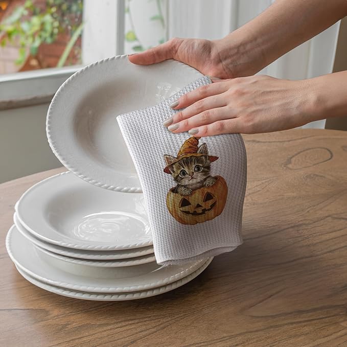 TNUW Halloween Cat Pumpkin Kitchen Towels 16x24 Inch, Cat Mom Lady Lovers Gifts Dish Tea Towels for Kitchen, Halloween Cute Witchy Kitten Spooky Pumpkin Decorative Hand Towel for Bathroom Decor