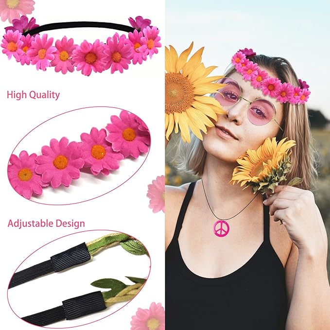 Hippie Costume Set Includes Peace Sign Necklace and Earring, Flower Crown Headband and Sunglasses 60s 70s Party Accessories