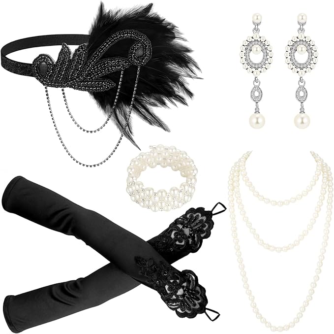 Maitys 1920s Accessories Set for Women Flapper Costume Feather Headband Necklace Bracelet Earrings