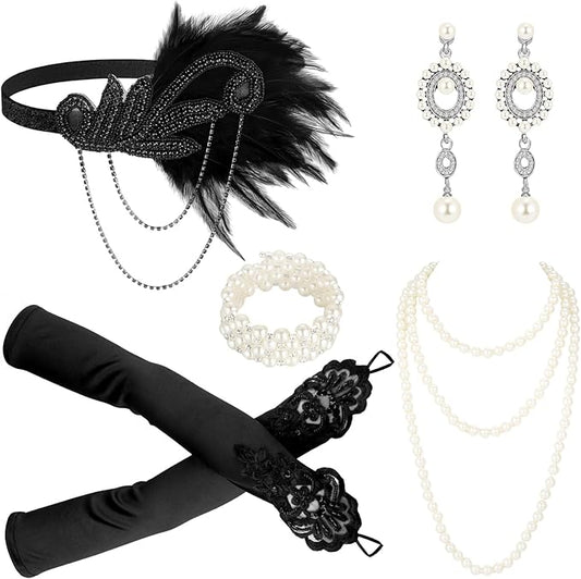Maitys 1920s Accessories Set for Women Flapper Costume Feather Headband Necklace Bracelet Earrings