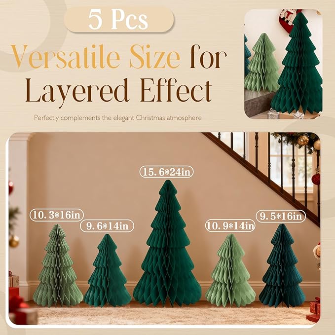 5Pcs Extra Large Christmas Table Decorations Green Paper Christmas Trees, Light Up Honeycomb Xmas Tree Centerpieces for Tables Christmas Frozen Winter Wonderland Party Vintage Home Decor 14/16/24 Inch