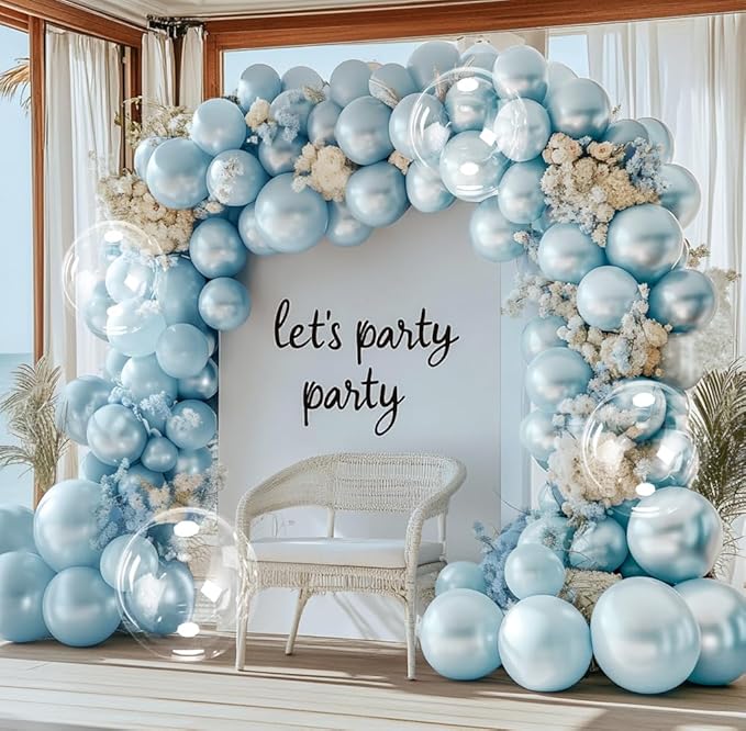 Pearl Blue Balloon Arch Double Stuffed Pastel Light Baby Blue Metallic Balloon Garland Kit Different Sizes 12/10/5in With Clear Bobo Balloons for Birthday Wedding Bridal Baby Shower Summer Party Decor