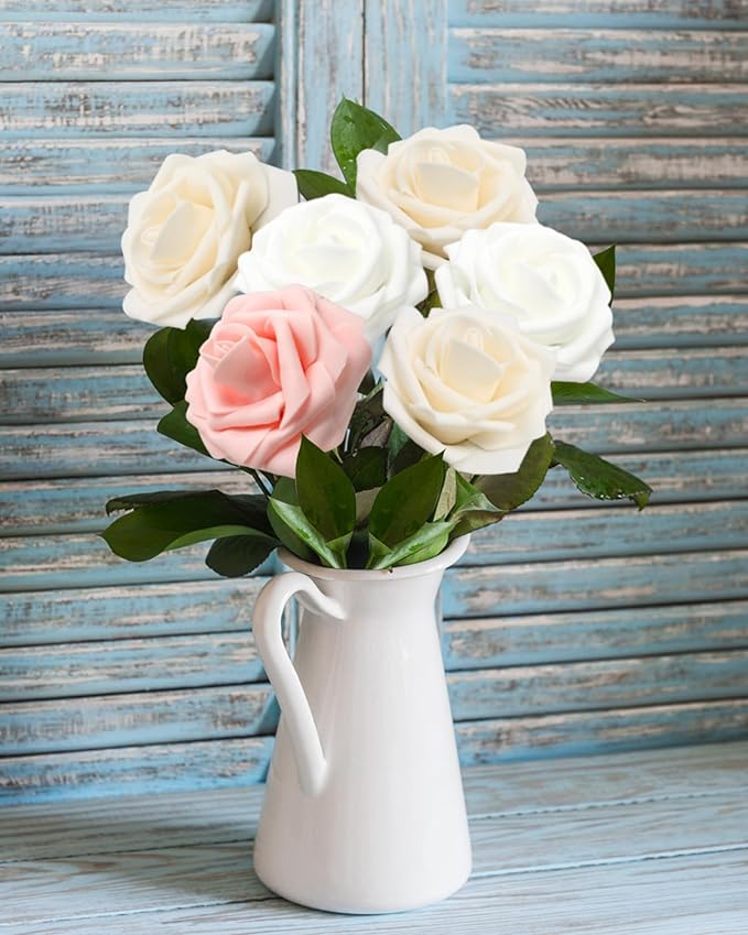Artificial Flowers Realistic Roses, Real Looking Fake Roses with Stem for DIY Wedding Bouquets Centerpieces Bridal Shower Party Home Romantic Decorations (White/Cream/Light Pink, Regular 3" - 200pcs)