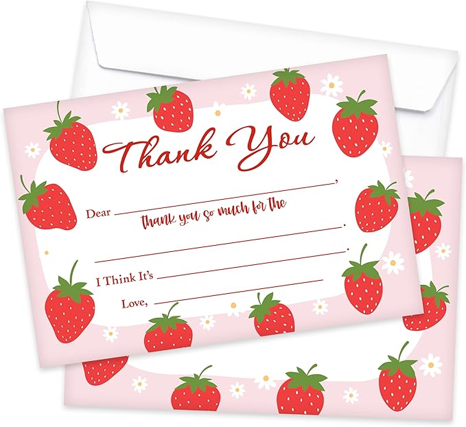 Kids Thank You Card, Strawberry Theme Thank You Notes, Watercolor Fruit Greeting Card With Envelope, Birthday Wedding Graduation Christmas Party Favors Supplies Decor(20 Pcs)-01