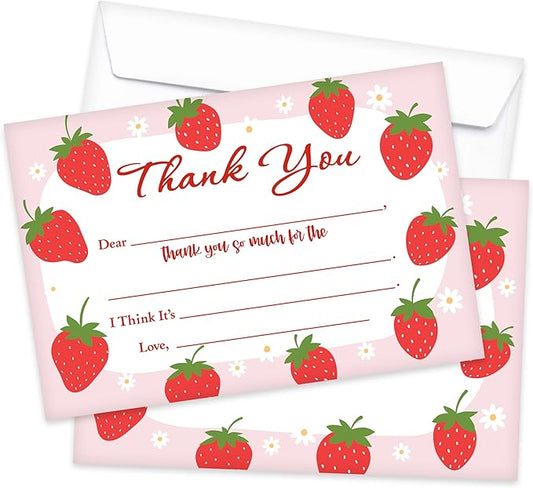 Kids Thank You Card, Strawberry Theme Thank You Notes, Watercolor Fruit Greeting Card With Envelope, Birthday Wedding Graduation Christmas Party Favors Supplies Decor(20 Pcs)-01