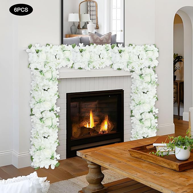 6 Pack Artificial Peony Garland,Wedding Arch Artificial Flower Panels,Flowers Wall Backdrop Panel for Wedding Dining Table Christmas Home Party Decor (White)