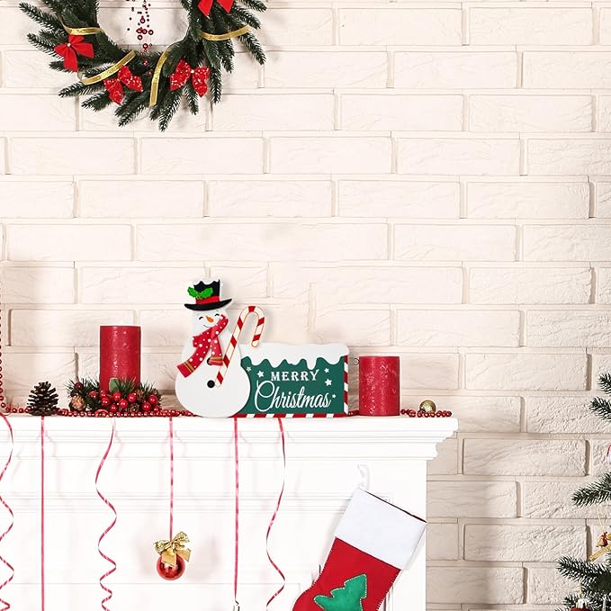 Christmas Decorations for Home Farmhouse Snowman Decor Indoor Wooden Merry Christmas Sign Rustic Winter Vintage Holiday Block Tabletop for Kitchen Xmas Party Mantel Tiered Tray Gift