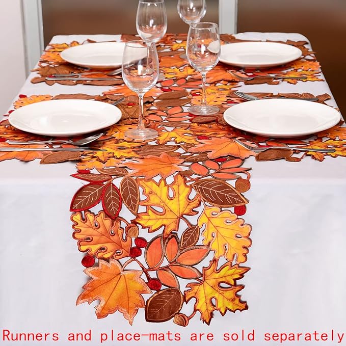 Simhomsen Embroidered Fall Leaves Table Runner for Thanksgiving, Autumn Harvest Decorations (14 × 34 inches)