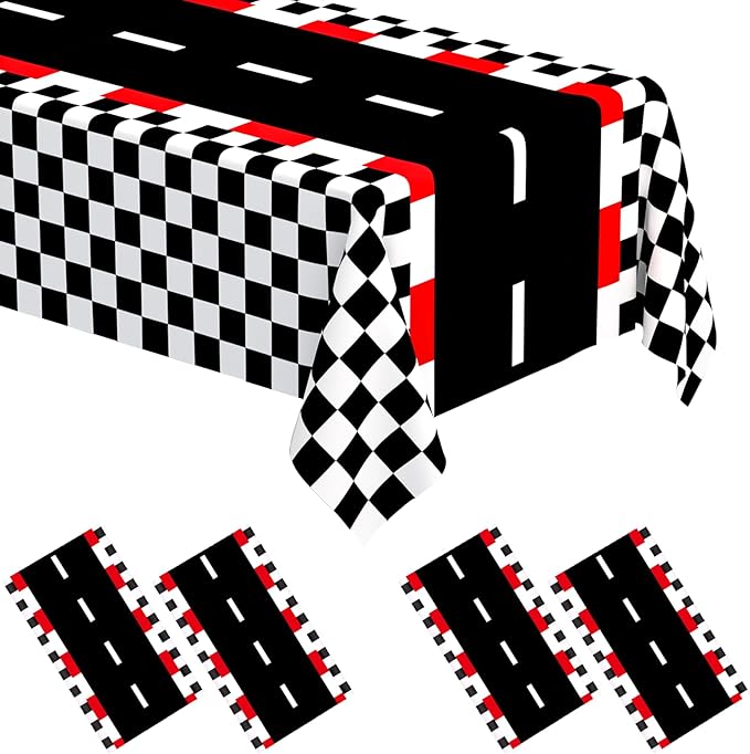 WNINK 4 PCS Racing Car Theme Tablecloths Car Disposable Plastic Tablecloths Black Checkered Flag Table Covers Racetrack Rectangular Tablecloth for Race Car Birthday Party Decorations, 54 x 108 Inch
