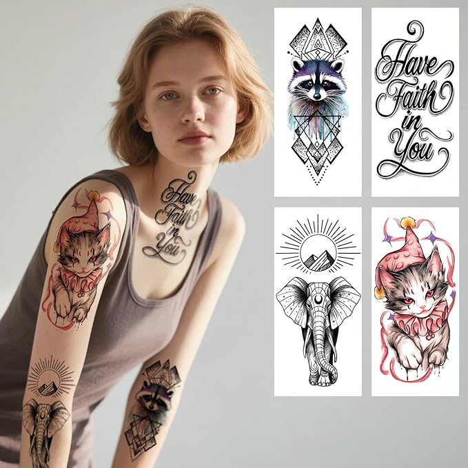 77 Sheets Pet Animal Temporary Tattoo for Women Men, 17 Sheets Half Arm Cat Dog Large Lion Wolf Flower Elephant Fake Tattoo, 60 Tiny Dolphin Rabbit for Adult Kids Body Tattoos Stickers Realistic