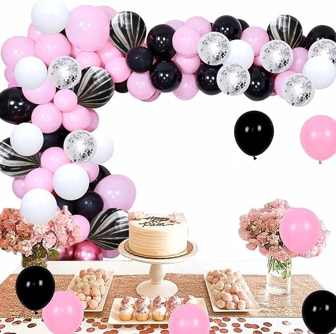Balloons Black and Pink, 60 Packs 12 Inch Pink Black White Latex Balloon with Agate Balloon Silver Confetti Balloons for Girls Birthday Baby Shower Halloween Party