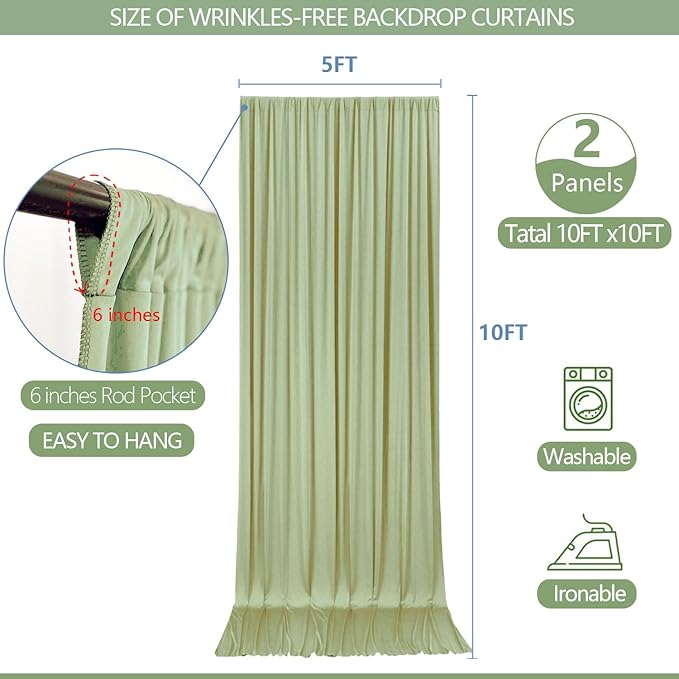 10x10ft Wrinkle Free Sage Green Backdrop Curtain for Parties Soft Fabric Drapes Wedding Curtain Backdrop for Birthday Party Decorations Background for Photography 5x10ft, 2 Panels