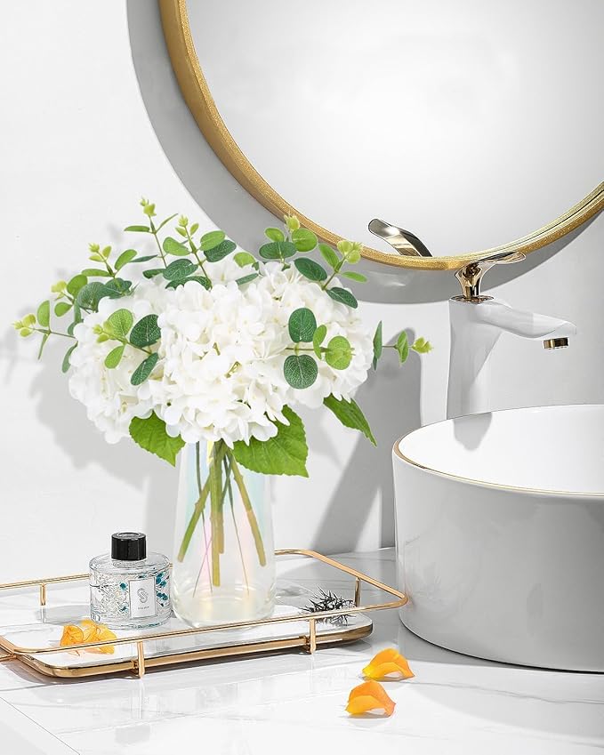 Tifuly 4pcs Fake Hydrangea with Vase -3D Real Touch Faux Hydrangea Flowers and 3pcs Eucalyptus Stems for Wedding Centerpiece Home Party Table Decoration（White）