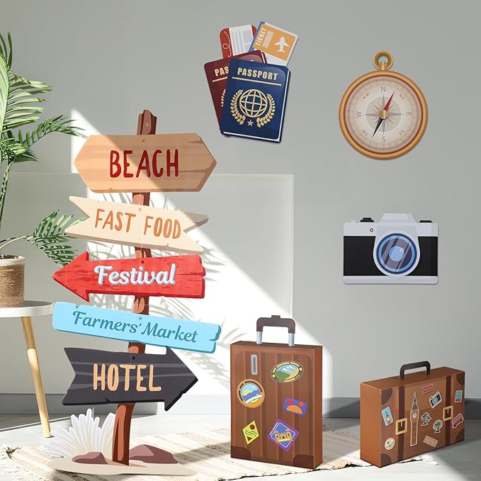 Tenceur 6 Pieces Travel Party Decorations Sets Adventure Signs 47.2 Inch Road Stand Cutouts Travel Around The World Suitcase Box Compass Passport Camera Sign for Photo Booth Props Party Supplies