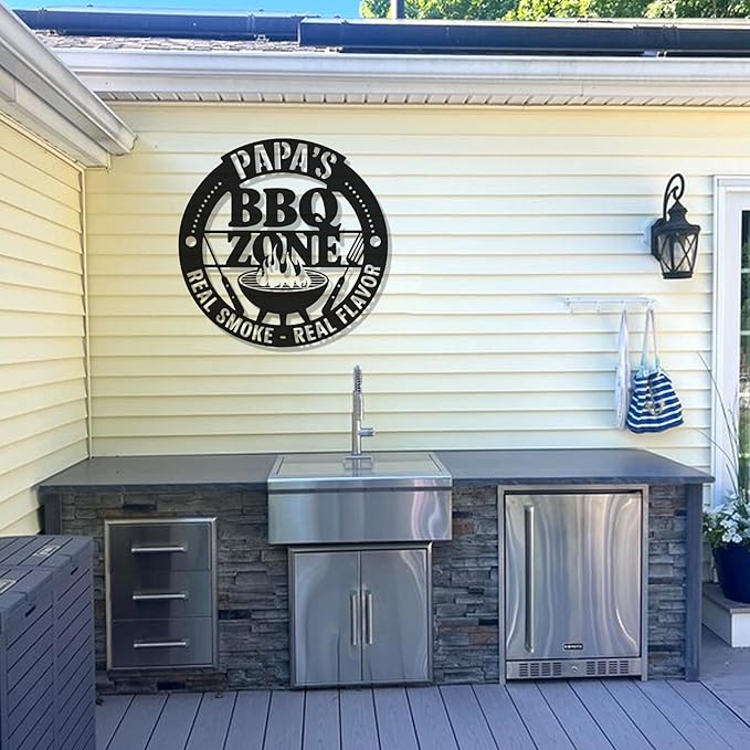 BBQ Grill Name Sign - Custom Barbecue Metal Sign - Outdoor Kitchen Decor - Man Cave Patio Hanging Accessories - Personalized Gifts for Dad, Husband, Grandpa