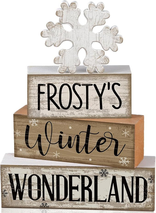 4 Pcs Christmas Table Decorations Wooden Snowflake Decor Winter Tiered Tray Decor Rustic Snow Block Signs Gift Farmhouse Christmas Centerpiece for Winter Wonderland Party Kitchen Home