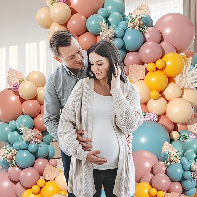 Rainbow Balloons Arch Garland Kit, Dusty Blue Blush Pink Balloon Retro Mustard Yellow Slate Blue Balloon Assorted Colorful Balloons for Baby Shower Boho Birthday Decorations