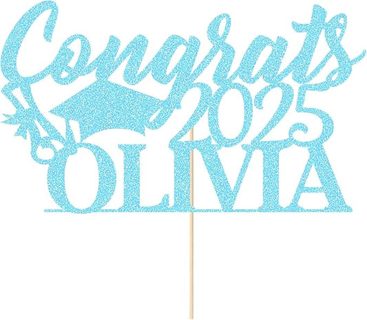 Personalized Cake Topper Custom Congrats Graduation Hat Student Class of 2025 Double Sided Glitter Card with Any Name (Baby Blue)