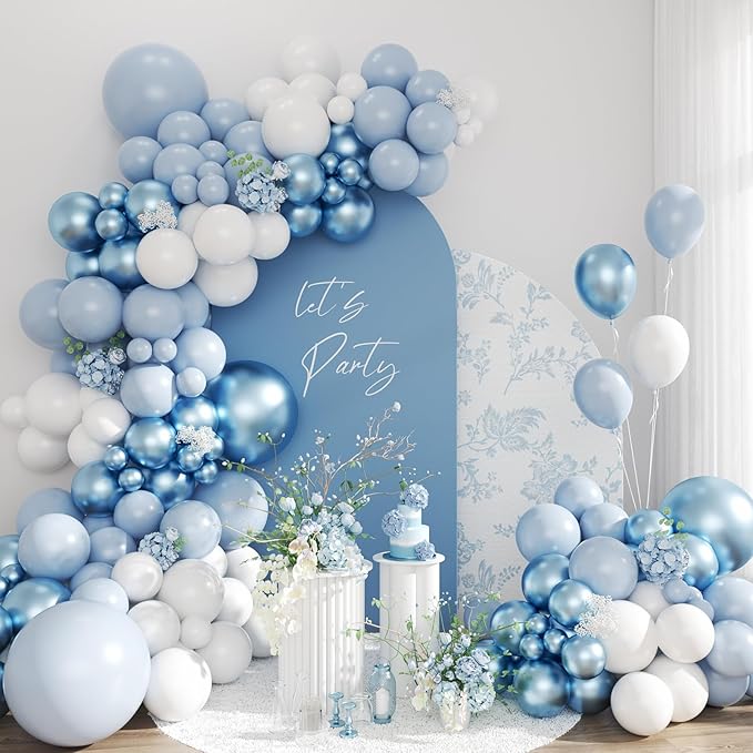 Dusty Blue Balloon Arch Kit, 134pcs Metallic Blue and White Balloons Garland Kits for Birthday Wedding Baby Shower Bridal Party Anniversary Decorations
