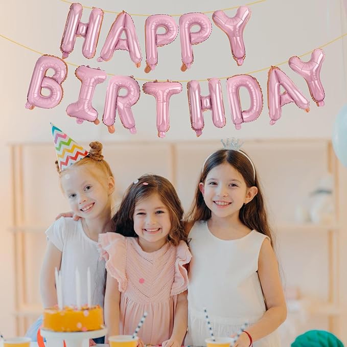 LIOZEOKUN Happy Birthday Balloon Letters 16 inch Mylar Foil Birthday Balloons Banner Sign for Birthday Party Decorations Supplies (Light pink)