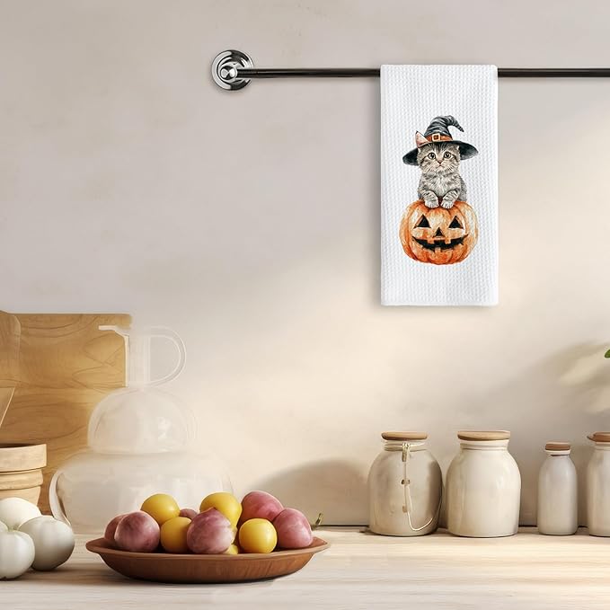 TNUW Halloween Witchy Cat Pumpkin Kitchen Towels 16x24 Inch, Cat Mom Lovers Gifts Dish Tea Towels for Kitchen, Halloween Witch Kitten Spooky Pumpkin Decorative Hand Towel for Bathroom Decor Catpumpkin