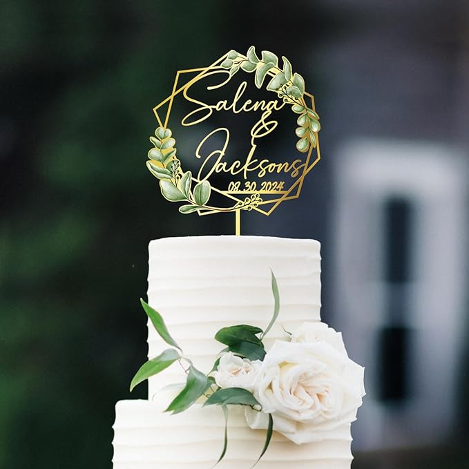 Wedding Cake Topper with Green Leaves Custom Bride & Groom's Names and Wedding Date Personalized Geometric Cake Decoration in Acrylic and Wood