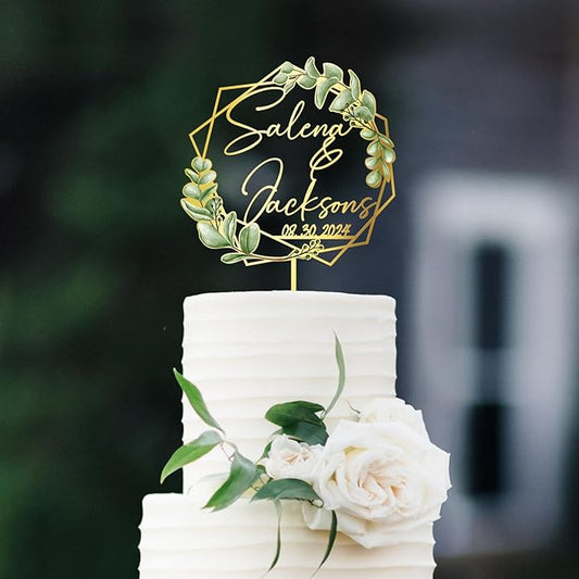 Wedding Cake Topper with Green Leaves Custom Bride & Groom's Names and Wedding Date Personalized Geometric Cake Decoration in Acrylic and Wood