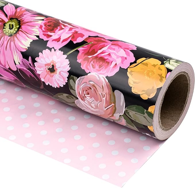 WRAPAHOLIC Reversible Floral Wrapping Paper - Mini Roll - 17 Inch X 33 Feet - Black Colorful Floral Design for Birthday, Mother's Day, Wedding, Baby Shower, Bridal Shower