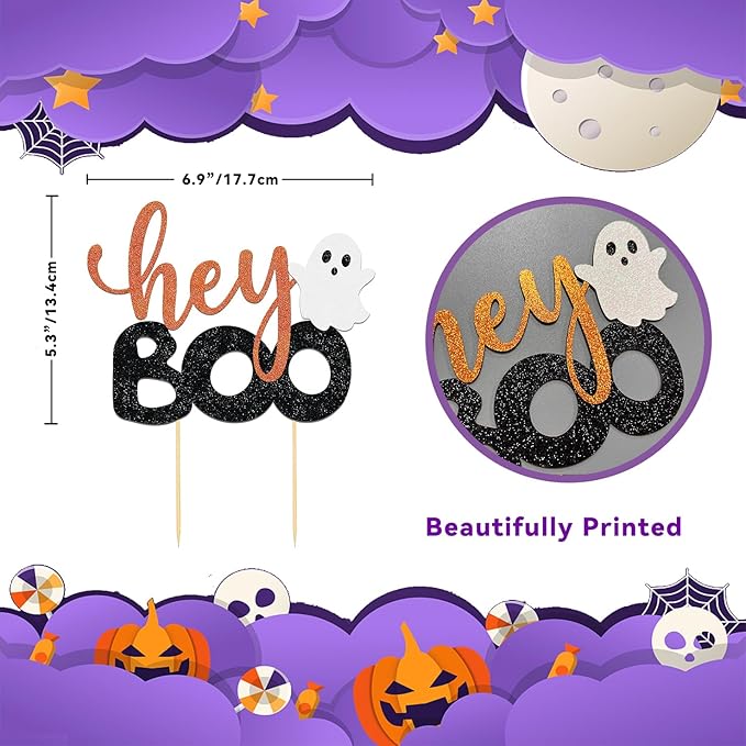 Hey Boo Cake Topper - Happy Boo Day Ghost Cake Topper, Ghost Halloween Cake Decorations for Birthday, Baby Shower, Party Supplies