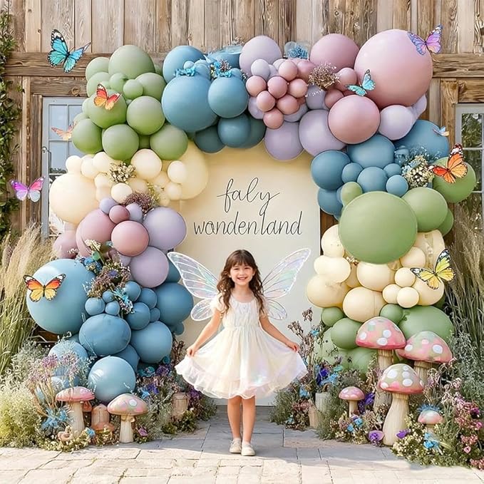 Blue Green Pink Balloon Garland Double Stuffed Sage Green Dusty Blue Pink Purple Lavender Balloons Pastel Balloon Arch Kit for Birthday Baby Shower Gender Reveal Fairy Tea Party Decorations