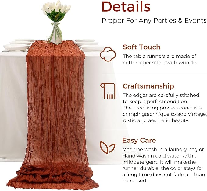 10PCS Terracotta Cheesecloth Table Runner 10ft Boho Gauze Fabric Cheese Cloth Table Runner Comes with 10 Cloth Napkins Runner for Romantic Wedding Birthday Shower Party Table Decoration
