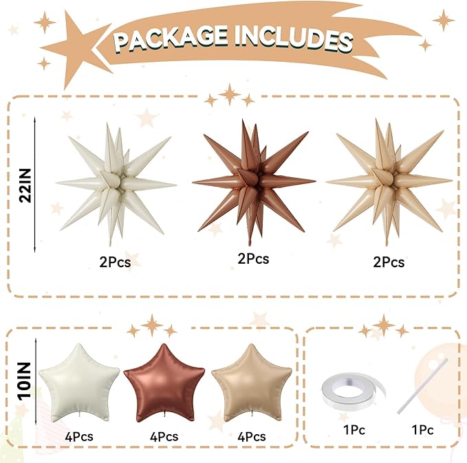 18 Pcs Cream Star Balloons, Caramel Brown Balloon with 6 Pcs 22-Inch Explosion Star Balloons 12Pcs 10-Inch Four Pointed Stars Foil Balloon for Boho Wedding Baby Shower Birthday Party Decoration