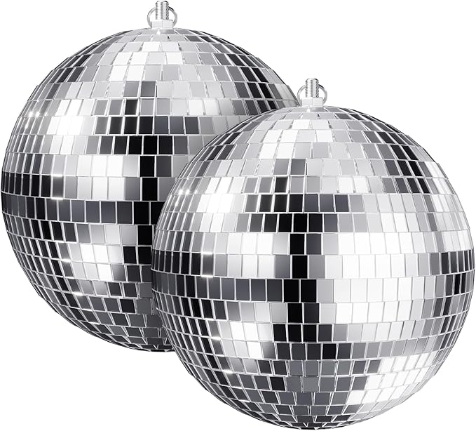 8-Inch Disco Ball 2-Pack – Silver Hanging Mirror Ball with String, Reflective Disco Ball Decorations for Weddings, Birthdays, Classrooms, Home, DIY, Indoor & Outdoor Events