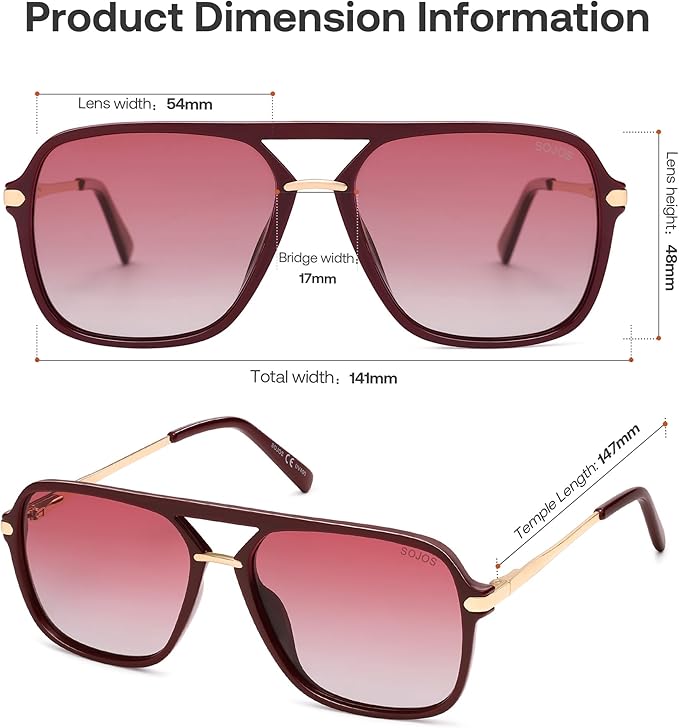 SOJOS Sunglasses for Women & Men, Square, Retro, Polarized Lens, Trendy Aviator, 90s Shades