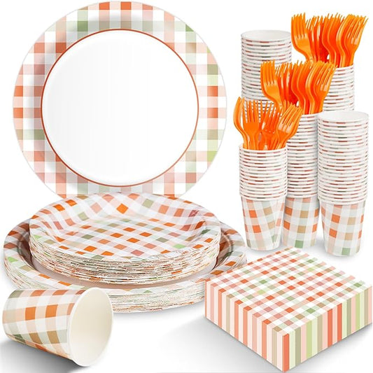 Orange Gingham Plates and Napkins Party Supplies,Orange and White Disposable Tableware Set,Checkeorange Plaid Paper Plates for Birthday Family Dinner Picnic Barbecue Baby Shower Decor Serves 25