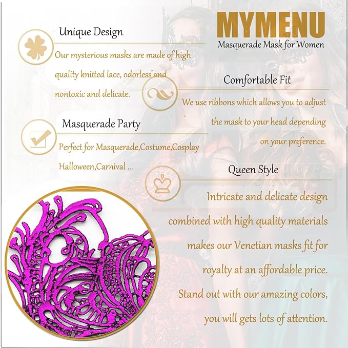 MYMENU Masquerade Mask for Women Couple Mardi Gras Mask for Men Venetian Halloween Mask for Party Prom Ball