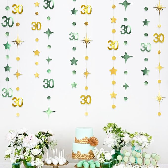 Sage Green Gold 30th Birthday Decorations Number 30 Circle Dot Twinkle Star Garland Streamer Banner Backdrop for Womens Cheers to 30 Years Old Dirty Thirty Happy 30th Anniversary Party Supplies