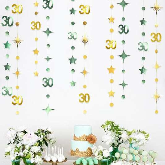 Sage Green Gold 30th Birthday Decorations Number 30 Circle Dot Twinkle Star Garland Streamer Banner Backdrop for Womens Cheers to 30 Years Old Dirty Thirty Happy 30th Anniversary Party Supplies