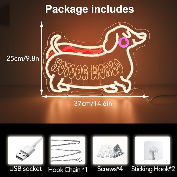 Hot dog World Neon Sign,Led Dog Neon Light Sign,Funny Dachshund Room Decor Sign,Hanging Neon Sign For Kids Room Bedroom Kitchen Cafe Restaurant Wall Decor