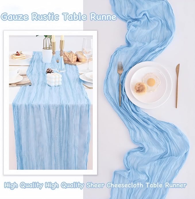 10 Pack Baby Blue Table Runner 120 Inch Cheesecloth Table Runner 10FT Boho Gauze Table Runner Long Cheese Cloth Table Runner Semi Sheer Runners for Wedding Bridal Baby Shower Party