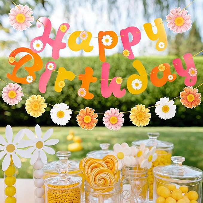 SUNBEAUTY Flower Daisy Happy Birthday Banner Groovy Party Banners Groovy Party Decorations Boho Happy Birthday Banner Daisy Retro Hippie Party Supplies Baby Shower | Pre-Strung