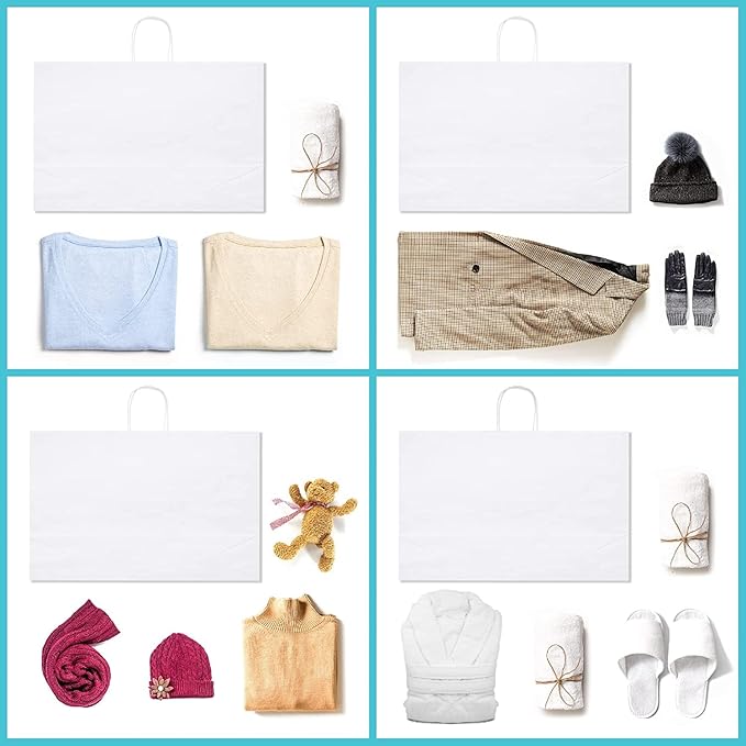 GSSUSA 16x6x12 100Pcs White Gift Bags with Handles,Paper Gift Bags?White Large Paper Bag with Handles, 100% Recyclable Shopping Kraft Paper Bags for Small Business, Party Favor