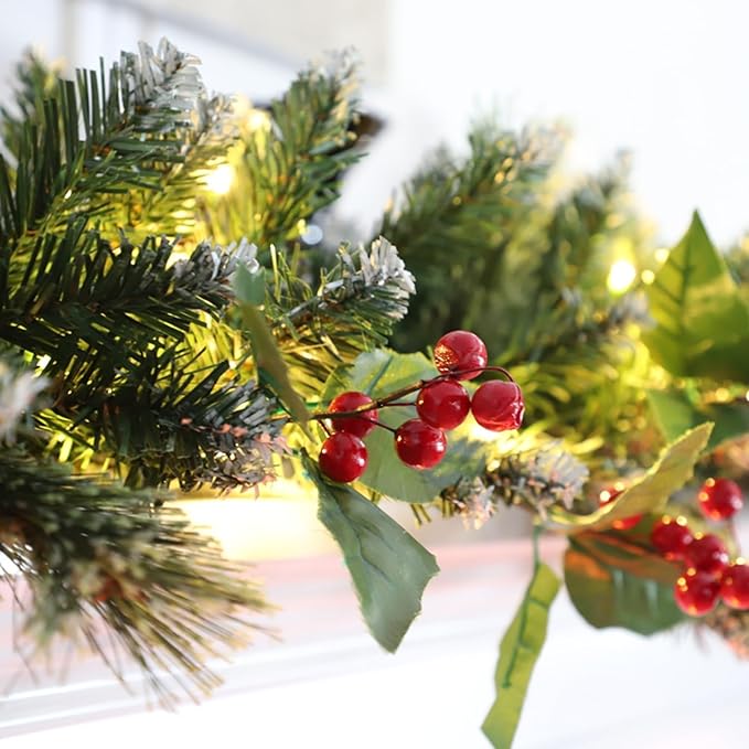 9ft Christmas Garland with Lights,Lighted Artificial Flowering Pine Garland for Mantle,Prelit Faux Green Christmas Winter Garland with Pine Cones and Red Berry for Indoor Outdoor Decor